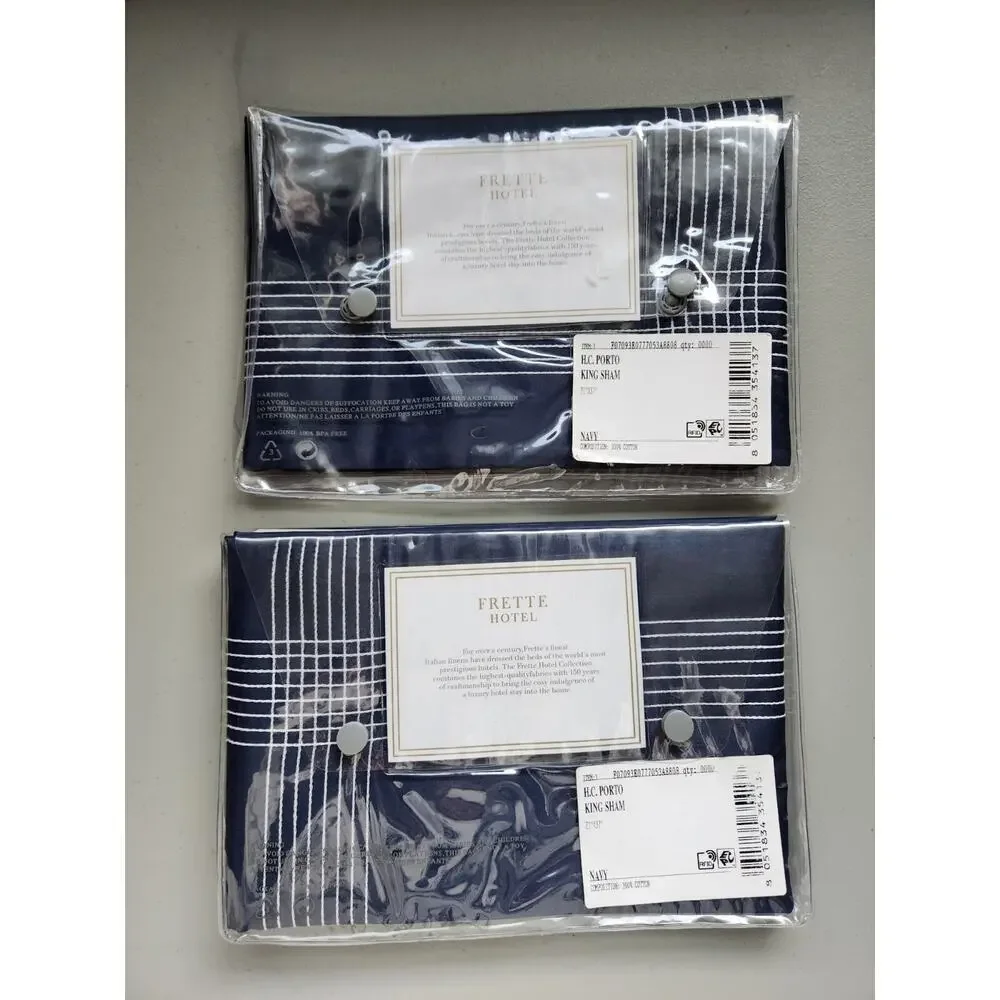 New Frette 2 Pc Set Porto Cotton King Shams Navy Sham Embroidery #02